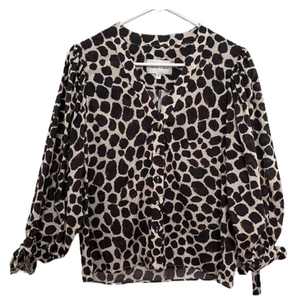 Cara Cara V Neck Blouse animal print cuff ties brown tan small - Picture 1 of 13
